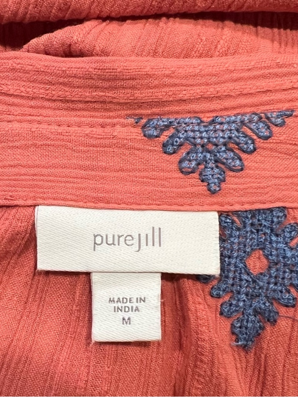 J Jill Pure Jill Embroidered Shirtdress Coral Textured Cotton Tunic Boho Medium - Picture 3 of 4